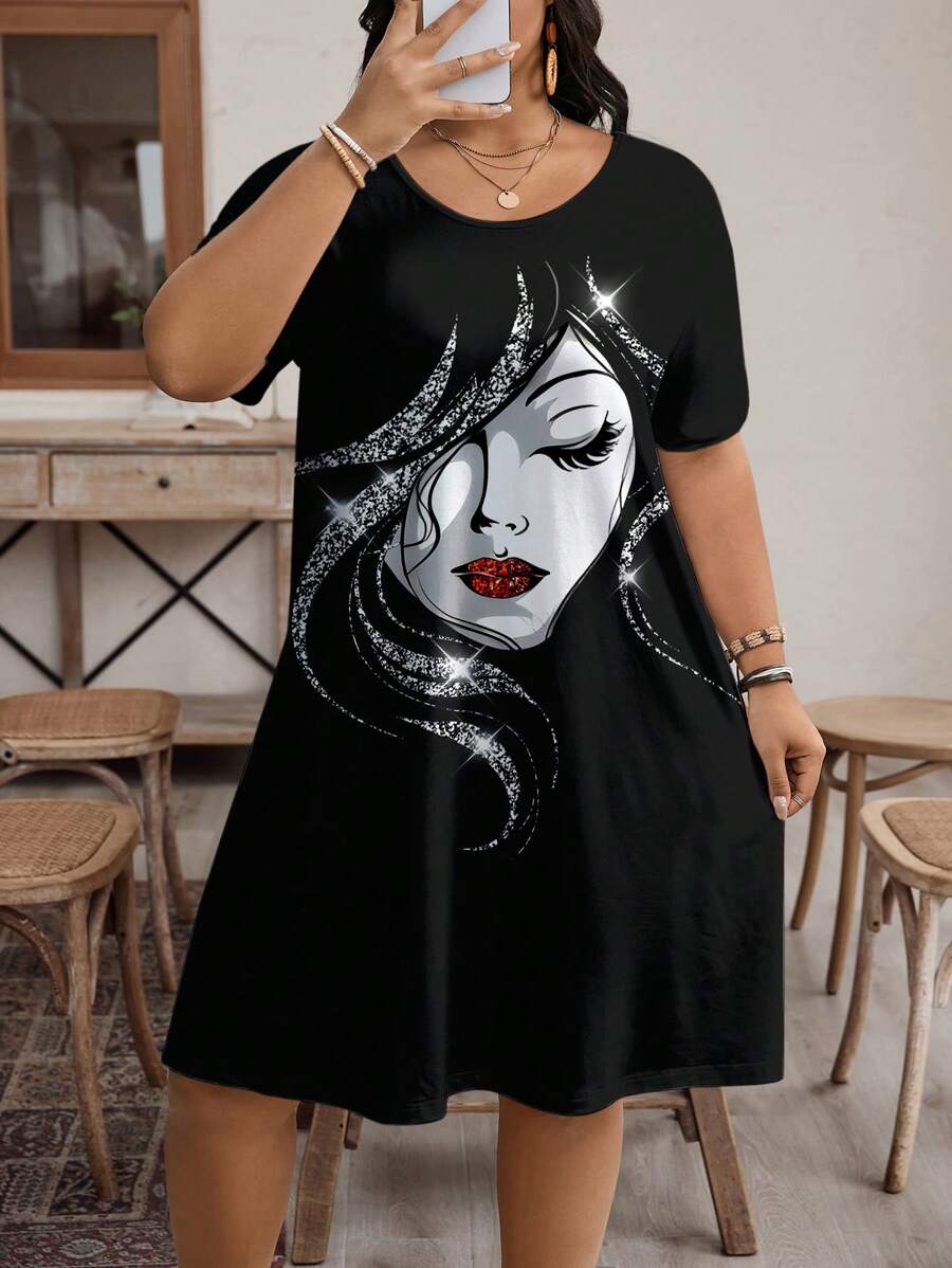 SHEIN LUNE Váy cổ tròn tay ngắn họa tiết chân dung tối giản giản dị cỡ lớn, phù hợp cho mùa hè - màu đen - Xem 1