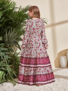 SHEIN Leap Crew Tween Girls Loose V-Neck Long Sleeve Ruffle Cuff Print Long Dress - Apricot - View 4