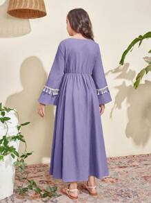 SHEIN Tween Girls' Elegant Ruffled Round Neck Puff Sleeve Asymmetrical Split Hem Dress - Dusty Purple - View 2