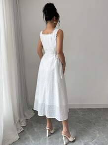 Rafferiza Đầm mùa hè không tay cổ vuông thêu màu trơn cho nữ màu trắng - trắng - Xem 2