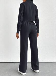 EURMUSE Áo hoodie vải cotton có khóa kéo chi tiết ngắn áo nỉ thường ngày cho nữ hai mảnh trang phục - màu đen - Xem 2