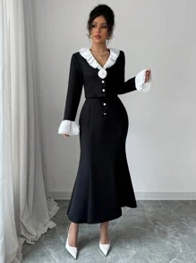 SHEIN Unity 2pcs/Set Women Contrast Color Ruffle Hem Top And Fish Tail Skirt Outfit - Black and White - View 4