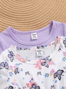 2pcs/Set Baby Girls Casual Loose Soft Solid Color & Butterfly Floral Print Purple Short Sleeve Dress 2 Pieces Set, High Cost-Effective, Suitable For Spring Summer Vacation And Outings