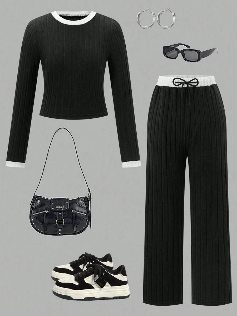 SHEIN ChillGRL 2pcs/Set Tween Girl Casual Contrast Color Round Neck Top And Pants Set - Black - View 1