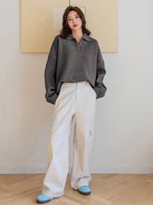 Dazy-Less Jersey de punto de unicolor con escote en V minimalista para mujer, estilo casual de dinero antiguo
