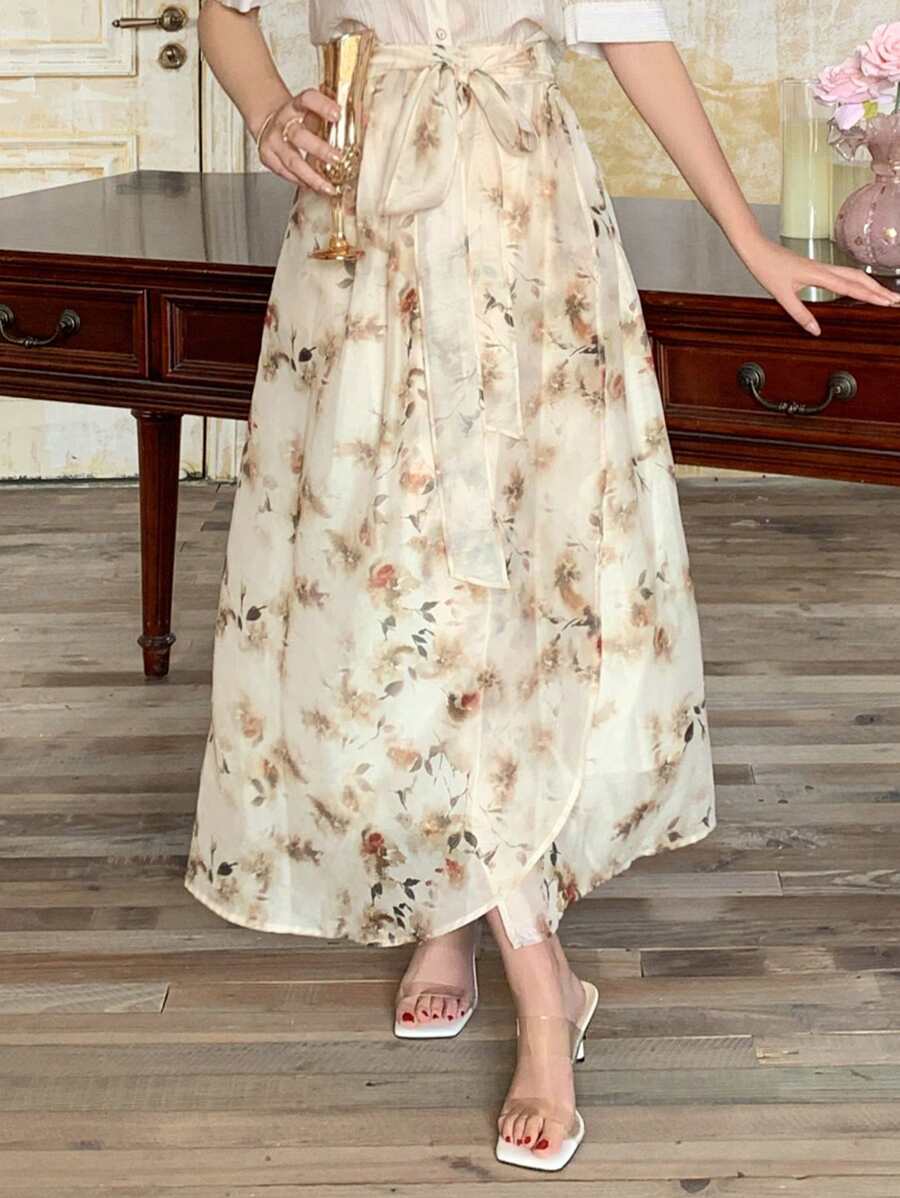 DAZY 女士碎花A字裙，休闲时尚，适合日常穿着，秋季半身裙 - 黃色 - 查看 1