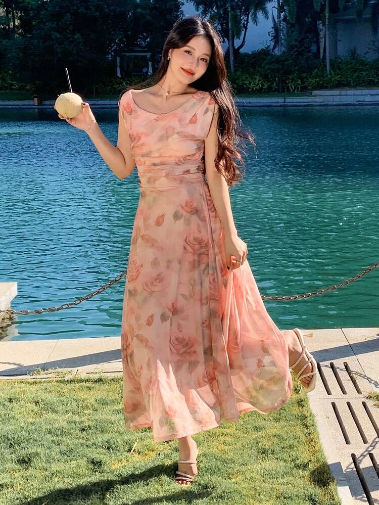 Women Elegant Floral Print Long Dress Summer Sundress Easter Maxi Dress