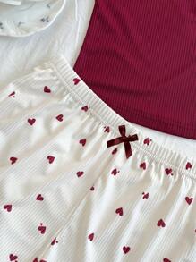 Set de pijama de 3 piezas con estampado de corazones para mujer, conjunto de ropa para el Día de San Valentín - Rojo - Ver 4