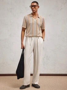 AKNOTIC Party 男士条纹针织提花宽松版型 Polo 衫，适合日常休闲穿着、春夏、假日 - 彩色 - 查看 3