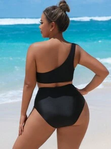 SHEIN Swim Curve Conjunto de 2 piezas de traje de baño de tallas grandes para mujer en verano, con tirantes, estampado de rayas y lunares, traje de baño de moda