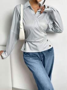 SHEIN LUNE 女士优雅休闲长袖衬衫，垂肩，斜襟，纽扣领，袖口拼接，侧边下摆纽扣 - 彩色 - 查看 3