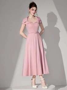 Poshira Váy chữ A xẻ eo ve dài thanh lịch dành cho nữ màu hồng - Hồng - Xem 5