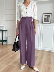 DAZY Quần ống đứng xếp ly màu trơn đơn sắc thường ngày cho nữ Quần công sở nữ - Màu tím - Xem 3