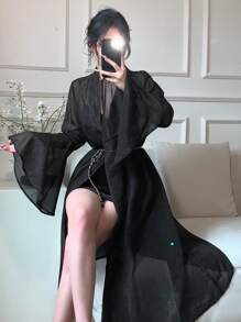 DAZY Áo sơ mi nữ dài vừa phải, tay bèo nhún trơn, thanh lịch, quần áo nữ mùa thu, áo dài tay - màu đen - Xem 10