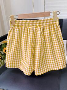 Comfortcana Shorts casuales de mujer con cuadros tejidos amarillos, de estilo minimalista, adecuados para uso diario - Amarillo - Ver 2