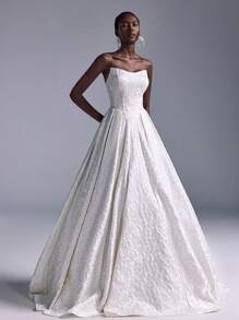 SHEIN Belle 优雅奢华的白色提花缎面紧身舞会礼服，配有超长喇叭裙和后系带设计，适合浪漫婚礼、新娘