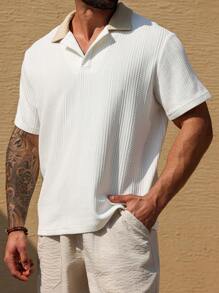 Manfinity Homme Plus Size Men's Contrast Color Short Sleeve Casual/Business Polo Shirt - White - View 4