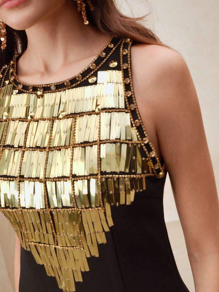 French Elegant High-End Embellished Gold Sequin Beaded Sleeveless Dress