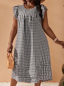 Slaydiva 2025 New Rave/Easter Outfit, Old Money Style, Country Concert Outfit, Going Out Outfit, Fairycore, Festival Outfit, Tropical Vacation Outfit, Summer Outfit, Rave, European Summer, Spring Outfit, Western Wear Plus Size, Concert, Graduation Outfit, Versatile Daily Casual Minimalist Sexy/Minimalist Plus Size, Casual Ruffle Sleeve Round Neck Midi Dress Summer Plaid Plus Size, Plus Size Western Wear Dress - Black and White - View 4