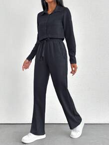 EURMUSE Áo hoodie vải cotton có khóa kéo chi tiết ngắn áo nỉ thường ngày cho nữ hai mảnh trang phục - màu đen - Xem 4