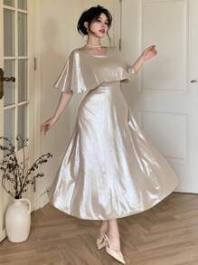 DAZY Elegant Solid Color V-Neck Mid-Length Dress For Wedding Guests, Summer Elegant Sundress,Formal Women Dresses - Apricot - View 9