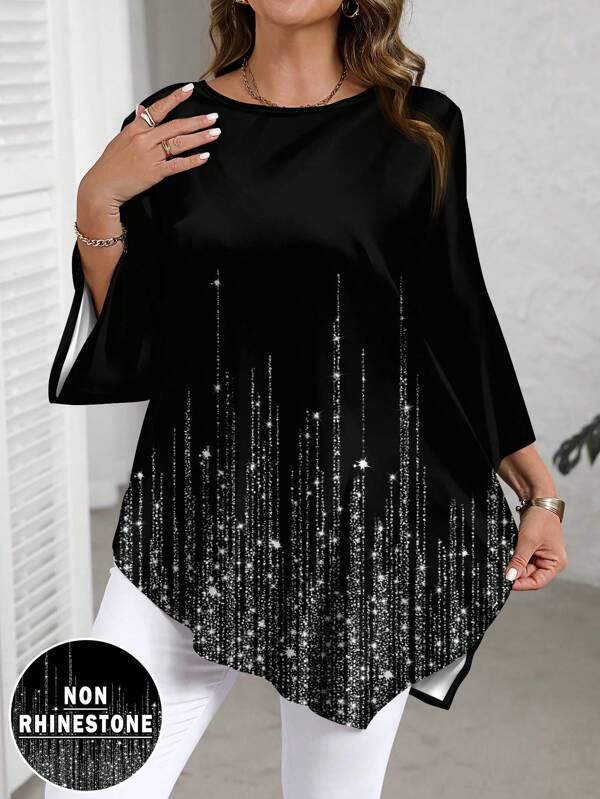 EMERY ROSE Plus Size Casual Sparkly Galaxy Print Button-Up Shirt, Versatile, Suitable For Spring