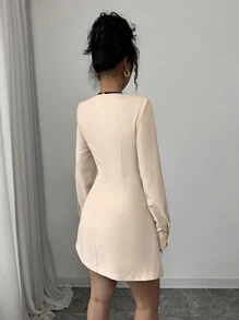 Calvaya Apricot Colored A-Line Dress With Mandarin Button Decoration, Waist Gathered