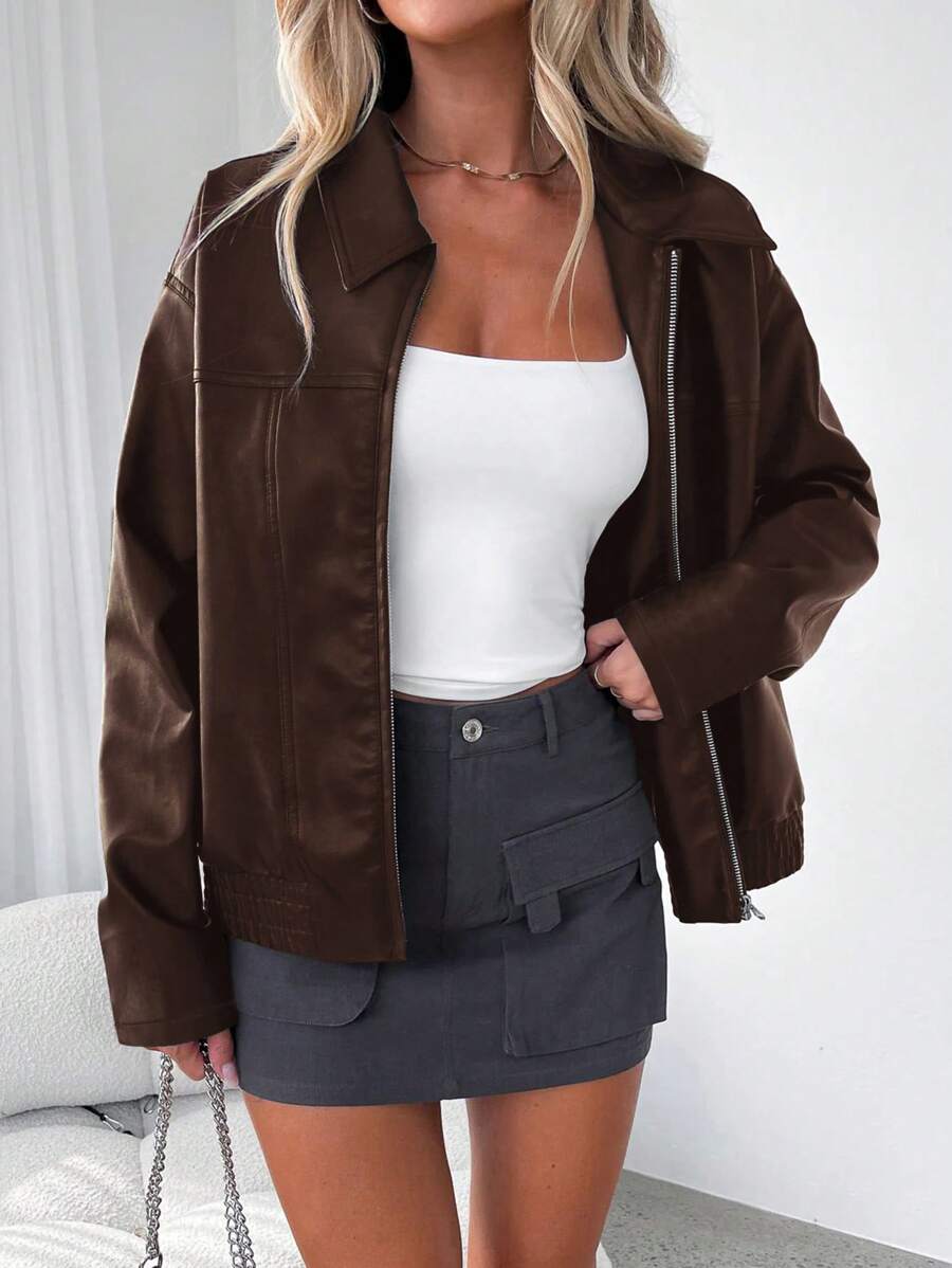 Women's Casual Black Zip-Up Loose Fit PU Jacket Coat, Autumn/Winter - Brown - View 1