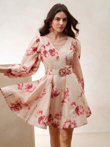 Anewsta Spring/Summer New French Style Lantern Sleeve V-Neck Floral Print A-Line Mini Dress With Belt - Multicolor - View 4