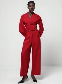 Lumivelle Women's Red Stand Collar Lantern Sleeve Suit Set - Red - View 5
