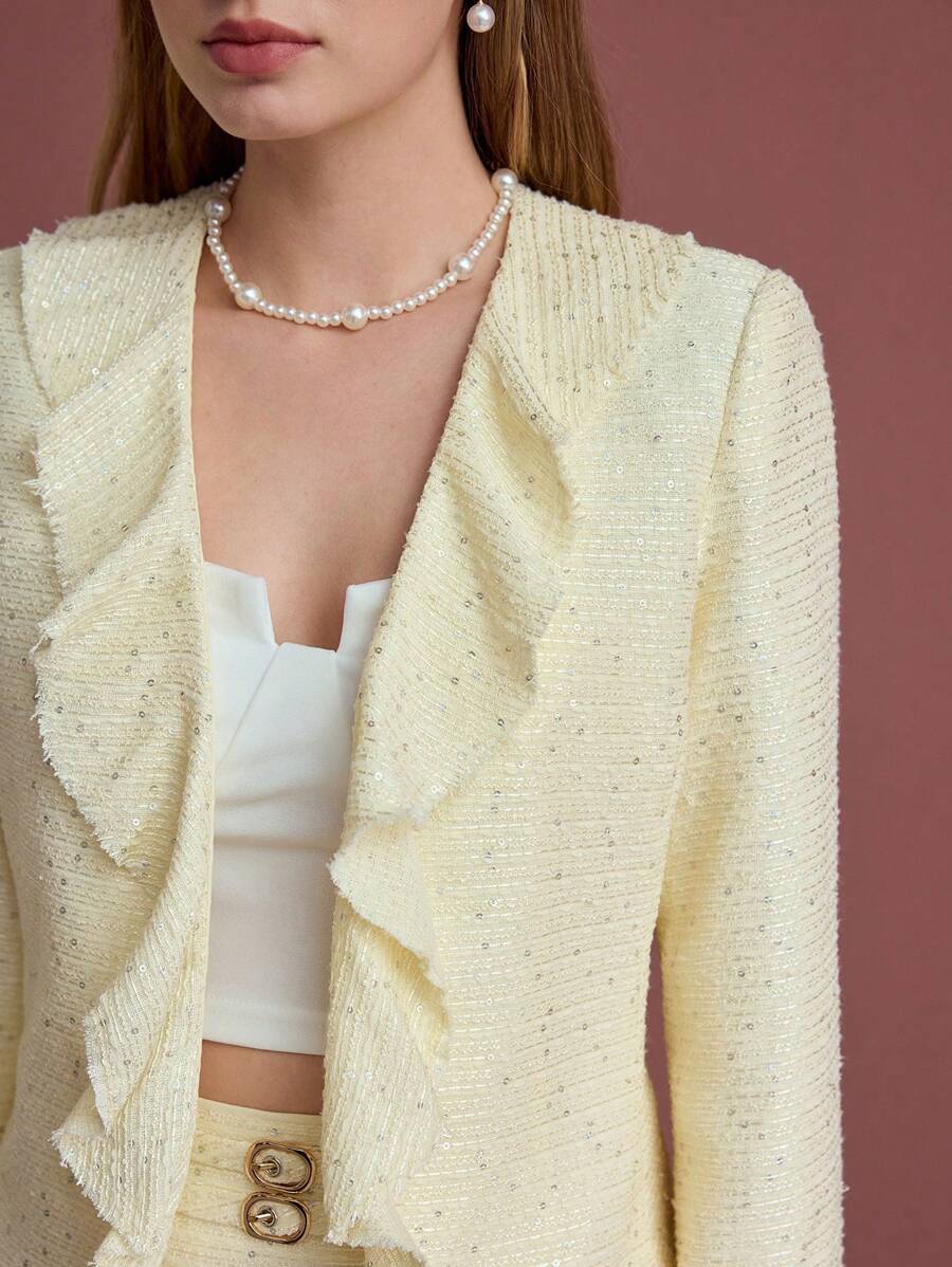 MOTF PREMIUM GIACCA CON FINITURE A VOLANT IN TWEED - Beige - Visualizzare 2