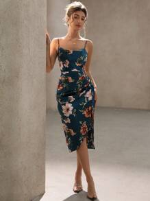 Aveloria Rosie Vestido camisero satinado con estampado floral, drapeado y abertura lateral para vacaciones para mujer