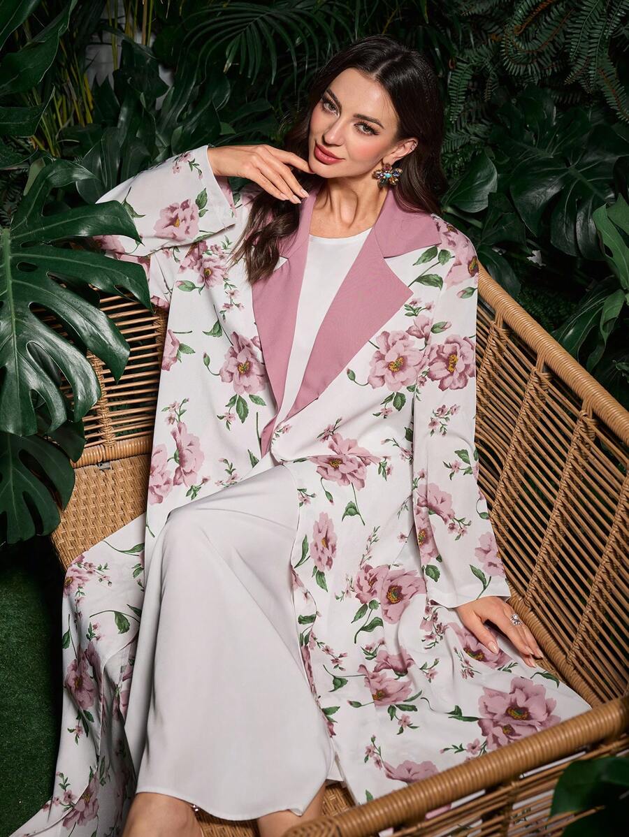 Al Najma Bata abaya de manga larga con estampado floral suelto para mujer