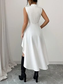 Elenzga 立领无袖收腰高低下摆衬衫，适合春夏季的优雅办公室服装 - 白色 - 查看 2