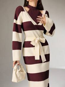 Mulvari 女式条纹落肩长袖休闲毛衣连衣裙 - 酒紅色 - 查看 3