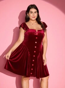 SHEIN MOD Vestido mini con mangas cortas de estilo vintage lujoso y dulce para tallas grandes - Rojo - Ver 6
