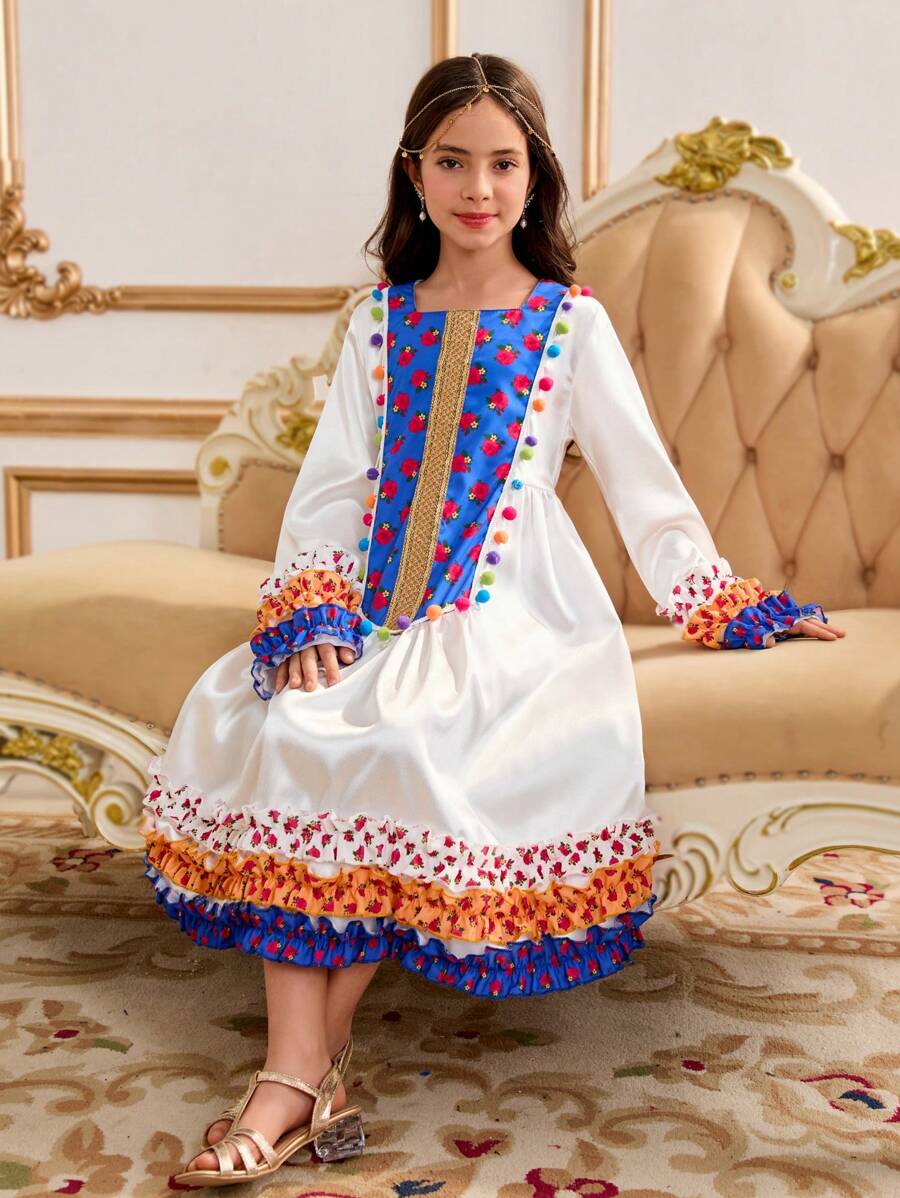 Tween Girl Floral Print Mix Faux Fur Design Long Sleeve Dress - Multicolor - View 1