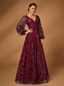 Serin Váy chữ A tay loe thêu lưới mỏng màu xanh navy lấp lánh sang trọng và thanh lịch, phù hợp làm váy dạ hội cho mẹ cô dâu, tiệc cưới, dịp trang trọng - Màu Đỏ Sâu - Xem 6