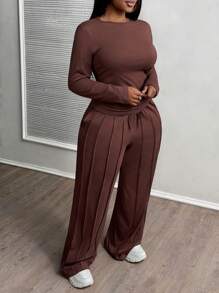 Slaydiva Bộ đồ nữ 2 món: Quần thể thao ống đứng màu nâu có dây rút + Áo thun dài tay cổ bẻ màu trơn, thích hợp cho mùa Thu/Đông. - màu nâu - Xem 5