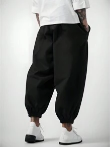 Manfinity Dauomo Men's Drawstring Waist Pockets Harem Loose Casual Pants, Baggy Pants, Fall - Black - View 2