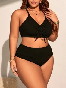 SHEIN Swim Curve Plus Size Solid Color Drawstring Round Neck Casual Women Swimwear Set For Summer Beach Vacation - Black - View 4