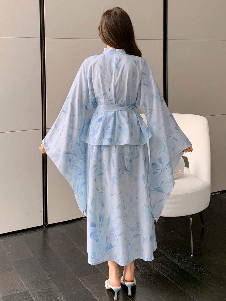 2pcs/Set Women All-Over Floral Print Stand Collar Waist Belt Shirt And Skirt Set,Fall Women Clothes Easter