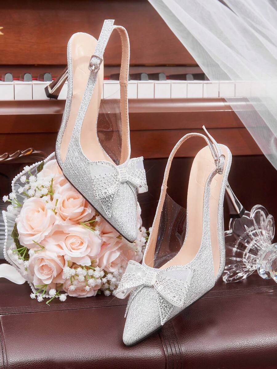 CUCCOO HITCHD Women Silver Rhinestone Bow Point Toe High Heels, Elegant Office Commute Date Wedding Party Formal Pumps