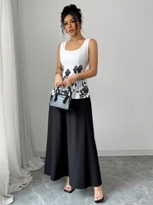 Elenzga 2 件套：印花随机剪裁法式优雅黑玫瑰印花方领无袖 A 字腰修身女式连衣裙 - 黑與白 - 查看 6