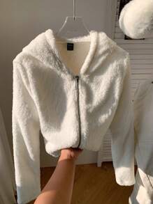 SHEIN EZwear 女士纯色长袖短款休闲连帽夹克，秋冬新品 - 白色 - 查看 7