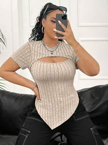 SHEIN EZwear Women Plus Size Solid Color Hollow-Out Short Sleeve Ribbed T-Shirt - Apricot - View 5