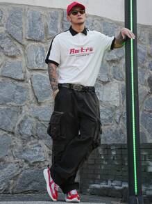 DAZY Men's Letter Print Color Block Polo Shirt, Summer - White - View 4