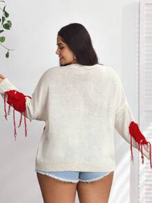 SHEIN CURVE+ Curve Plus Love Tassel Long Sleeved Heart Detail Sweater Pullover Party, Valentine's Day, Romantic Valentine's Day