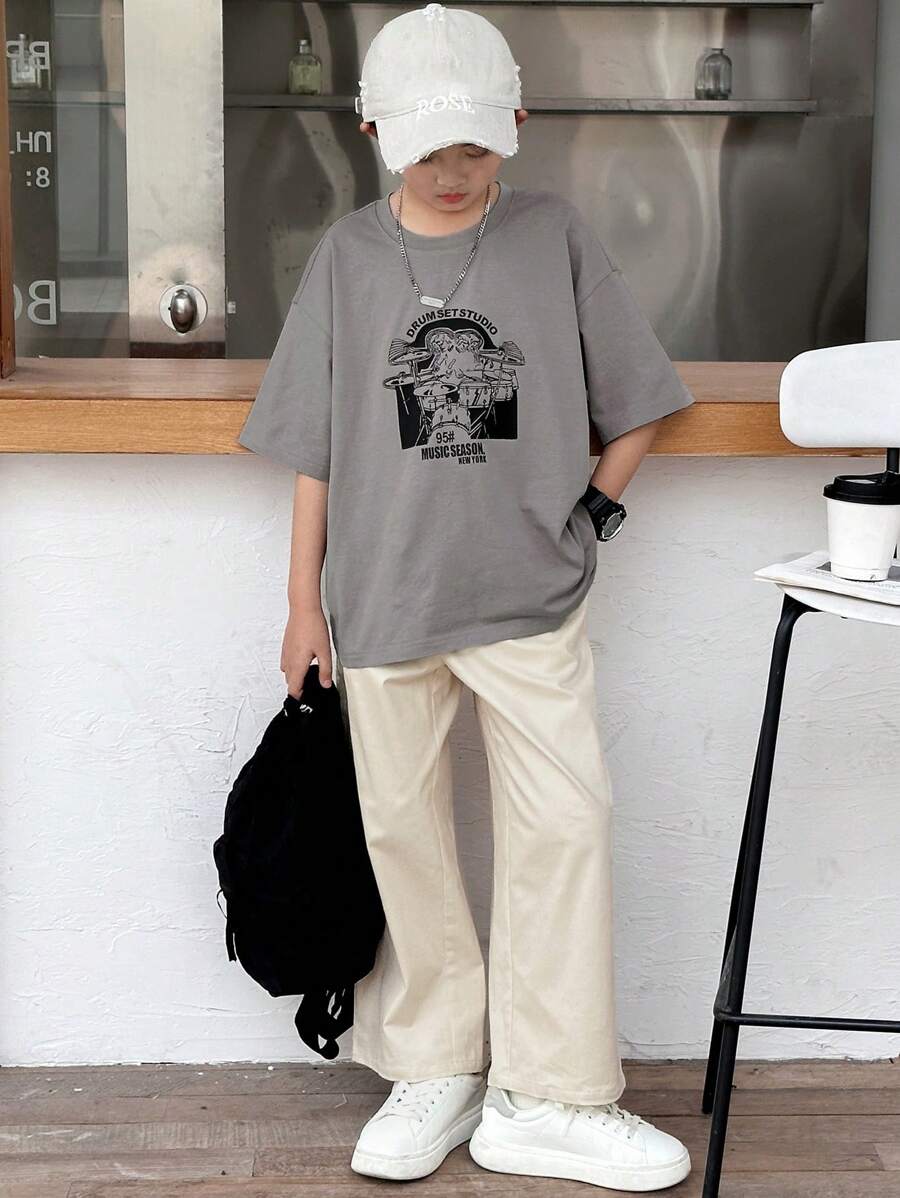 DAZY 2pcs Tween Boys Set: Letter Print Round Neck Drop Shoulder Tee And Pants,Back To School Clothes