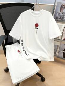 SHEIN 2 sztuki/zestaw nastoletnich chłopców, casualowe spodenki z krótkim rękawem, styl uliczny punk rock, odpowiednie do codziennego noszenia, na imprezy, festiwale muzyczne - wiosna/lato, kolor biały z nadrukiem angielskiej róży na walentynki